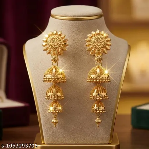 Traditional 22K Gold Plated 3 Layered Hanging Jhumka Earrings for Women & Girls | Stylish Long Drop Golden Jhumki Latkan Earring Set for Partywear & Wedding