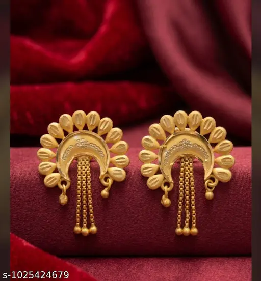 This is gold plated earrings collection for woman Traditional Crescent & Fan Motif Gold Drop Earrings