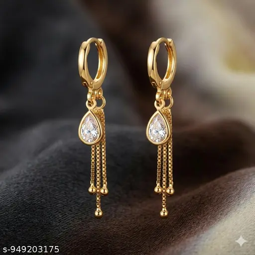 Premium AD Diamond Golden Dangler Earring for Women | Elegant Tear Drop Hanging Earring with Chain Shaddow (Sui Dhaga Design Style) | Festive & Western Wear Drop Earrings