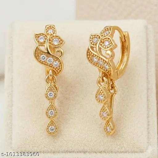 Premium Gold Plated Drop Earrings for Women | Daily Wear Gold Buti Earring | Stylish AD Stone Hanging Dangler Earrings | Gold Plated Daily Routine Small Drop Earring Set