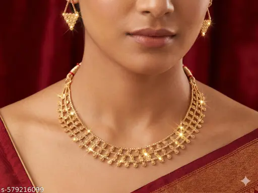 Traditional Gold-Plated 3 Layered Necklace & Earring Set for Women